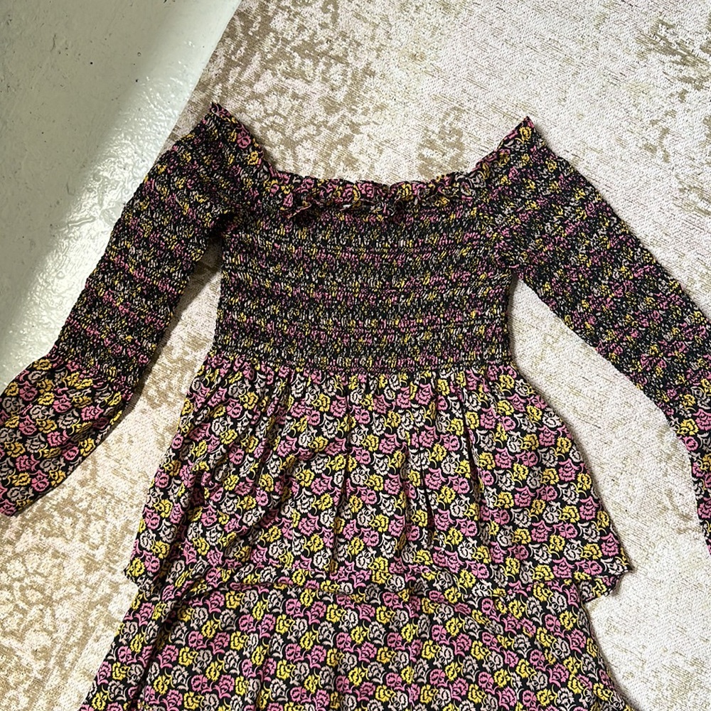 ALC 100% silk smoked off the shoulder top long dress